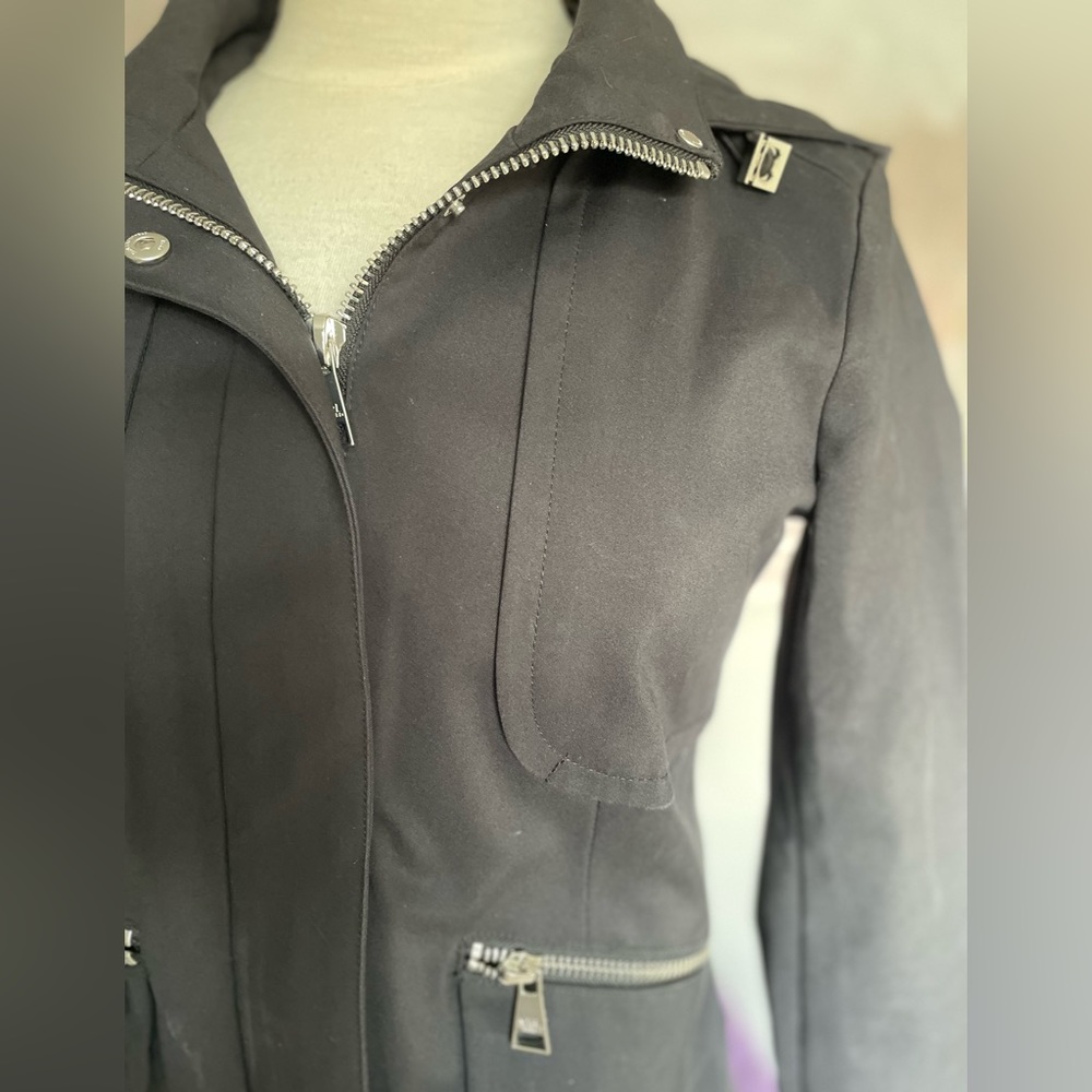 Karl Lagerfeld Paris black trench coat, removable hood & silver hardware size XS - Picture 7 of 17